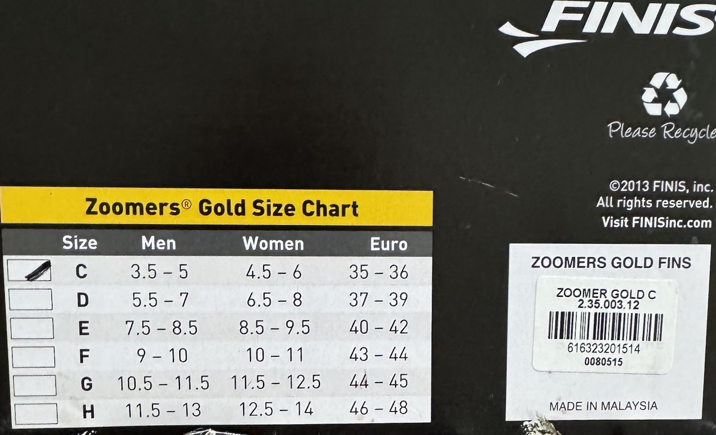 New FINIS Zoomers Gold Short Swim Fins – Size C Male (3½-5) Female (4½-6)