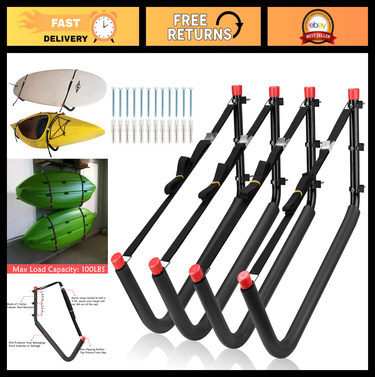 Heavy Duty Kayak Storage Racks, Wall Mount Hooks for SUP, Paddle Boards & Surfbo