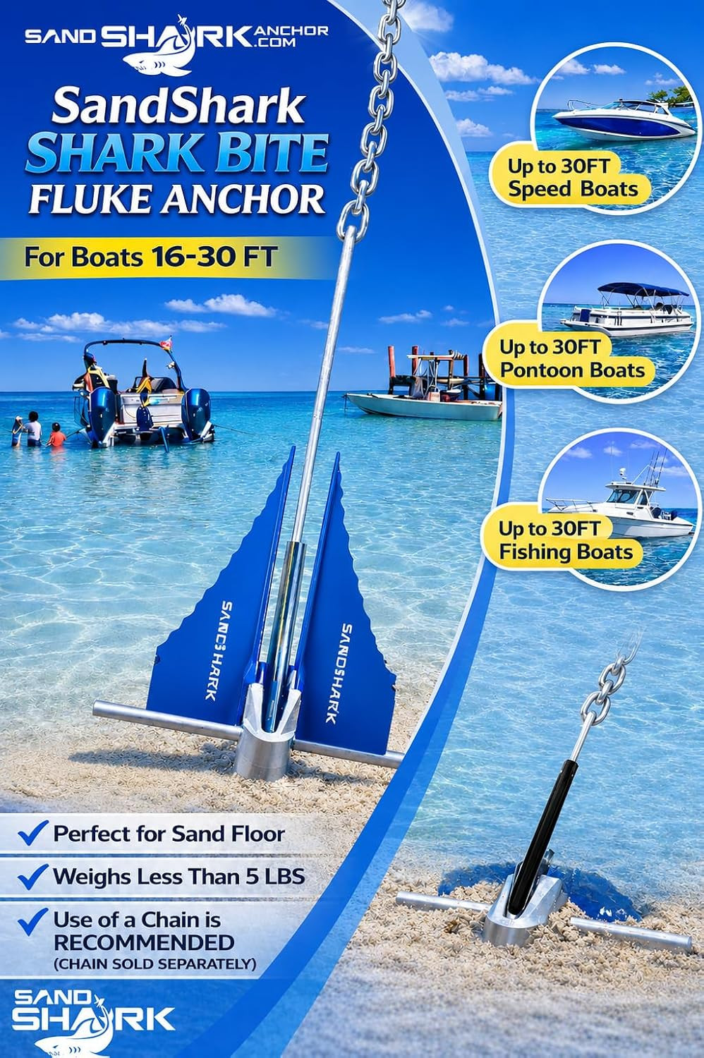 Sandshark Premium Fluke Anchor-Retractable Shaft Easy Storage-Aluminum Pontoon B