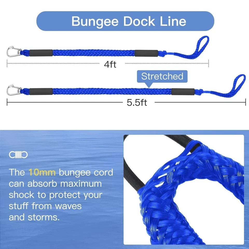 Boat Bungee Dock Lines,Jet Ski 4 feet stretches to 5 1/2 feet, 2 Pack Bue