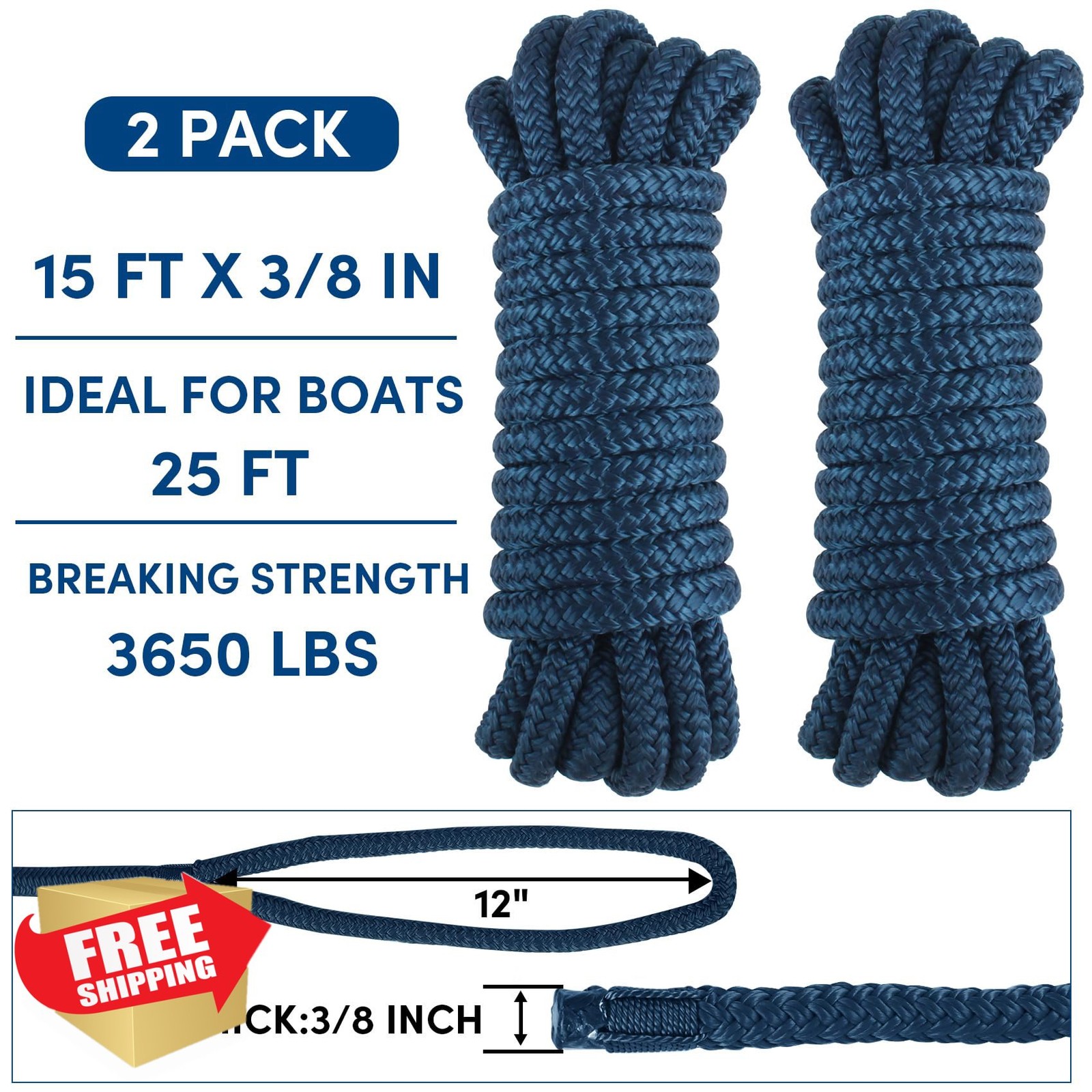 Boat Dock Lines Double Braided Mooring Rope Loop 2/4 Pack