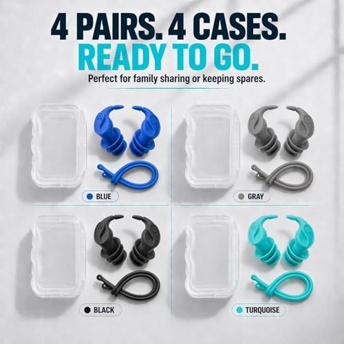 Waterproof Swim Earplugs – 4 Pairs 1 pair (Pack of 4) Blue/Black/Gray/Turquoise