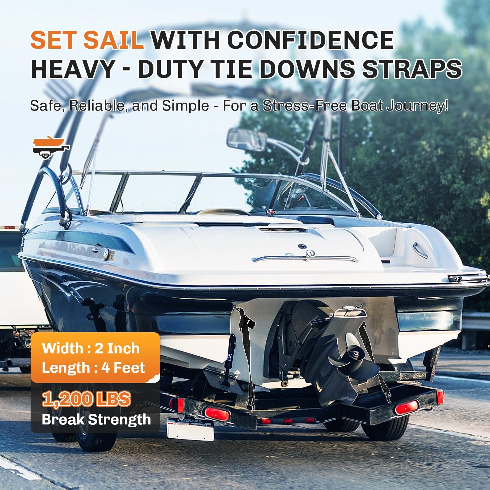 WELLUCK Boat Trailer Transom Tie Downs 2 in x 4 ft/1200lbs（2 pack）, Black