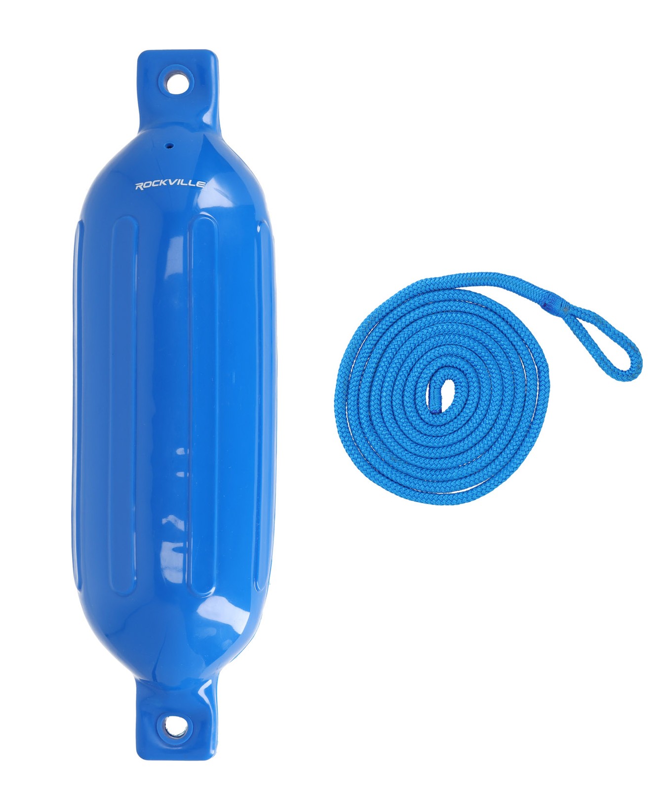 (2) Rockville FEN165-BLUE 6.5″x23″ Boat Fenders + 10 Foot Line Marine Bumpers