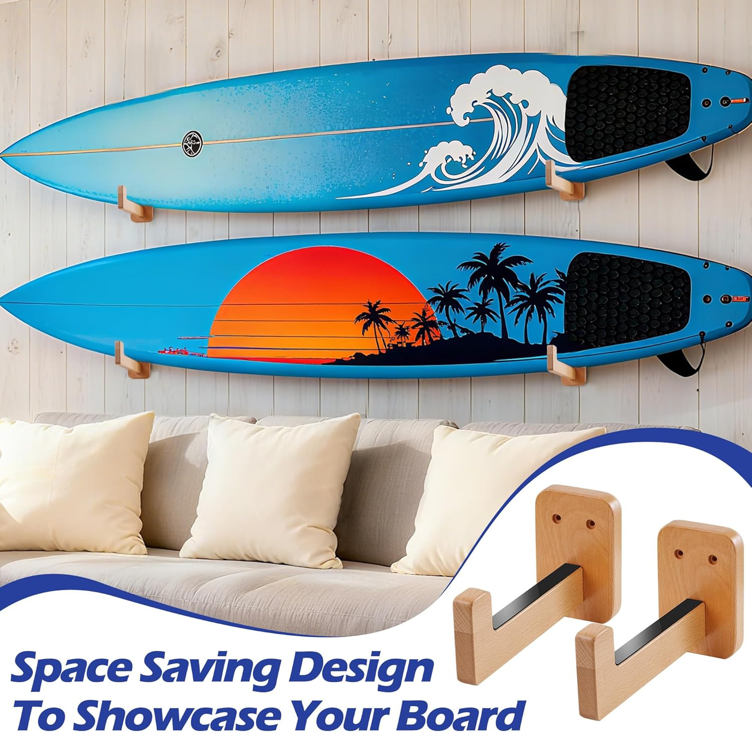 Surfboard Wall Mount – Durable Beech Wood Surfboard Rack for Wall with Non-Slip