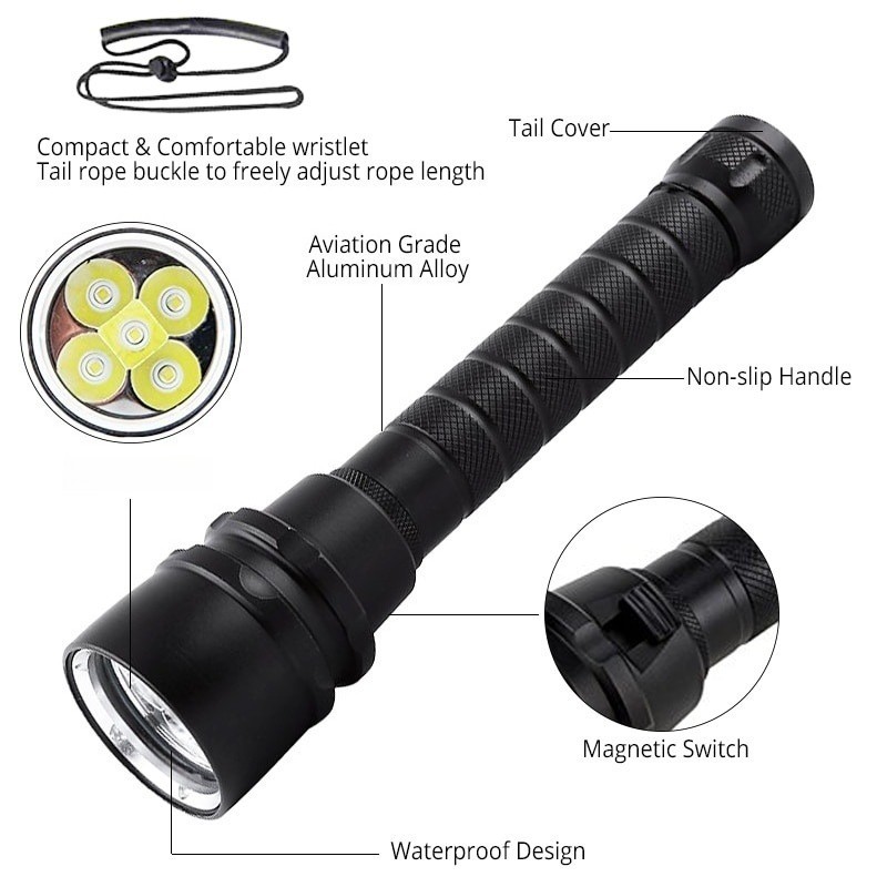 300000LM 5*leds LED Diving Flashlight Scuba Dive Torch Professional Diver Light