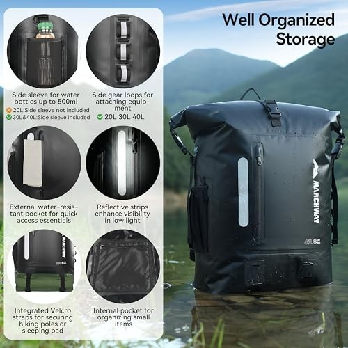 Waterproof Roll Top Backpack Dry Bag 20L/30L/45L, Ergonomic Cushioned Back, Hip