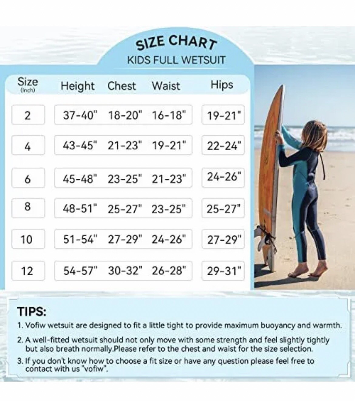 VOFIW Unisex Child Kid Boy Girl 2.5mm Neoprene Long Sleeves Wetsuit Size 2 Surf