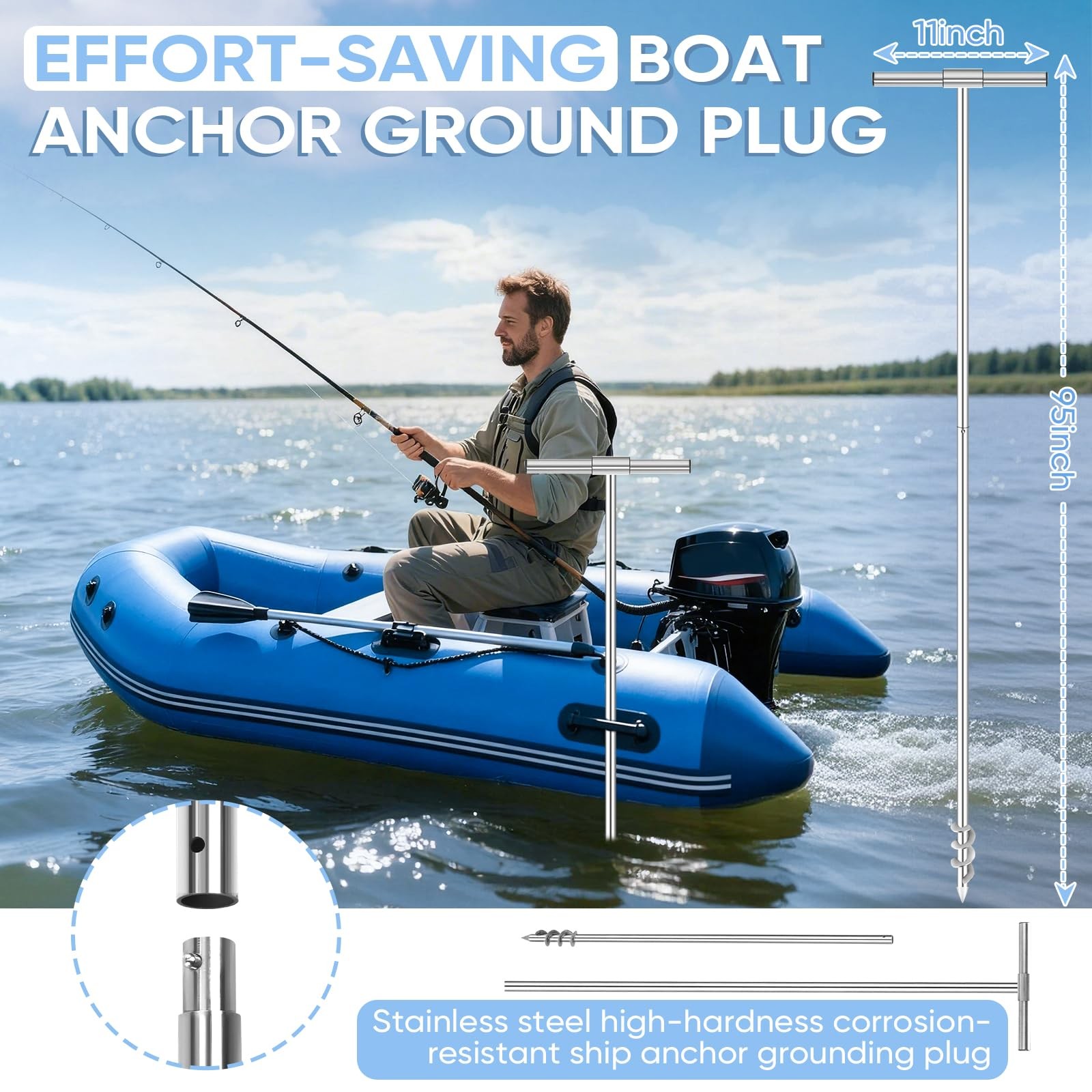 9.8FT Shallow Water Anchor, Portable Stainless Boat Anchor Pole, Quick-Lock B…