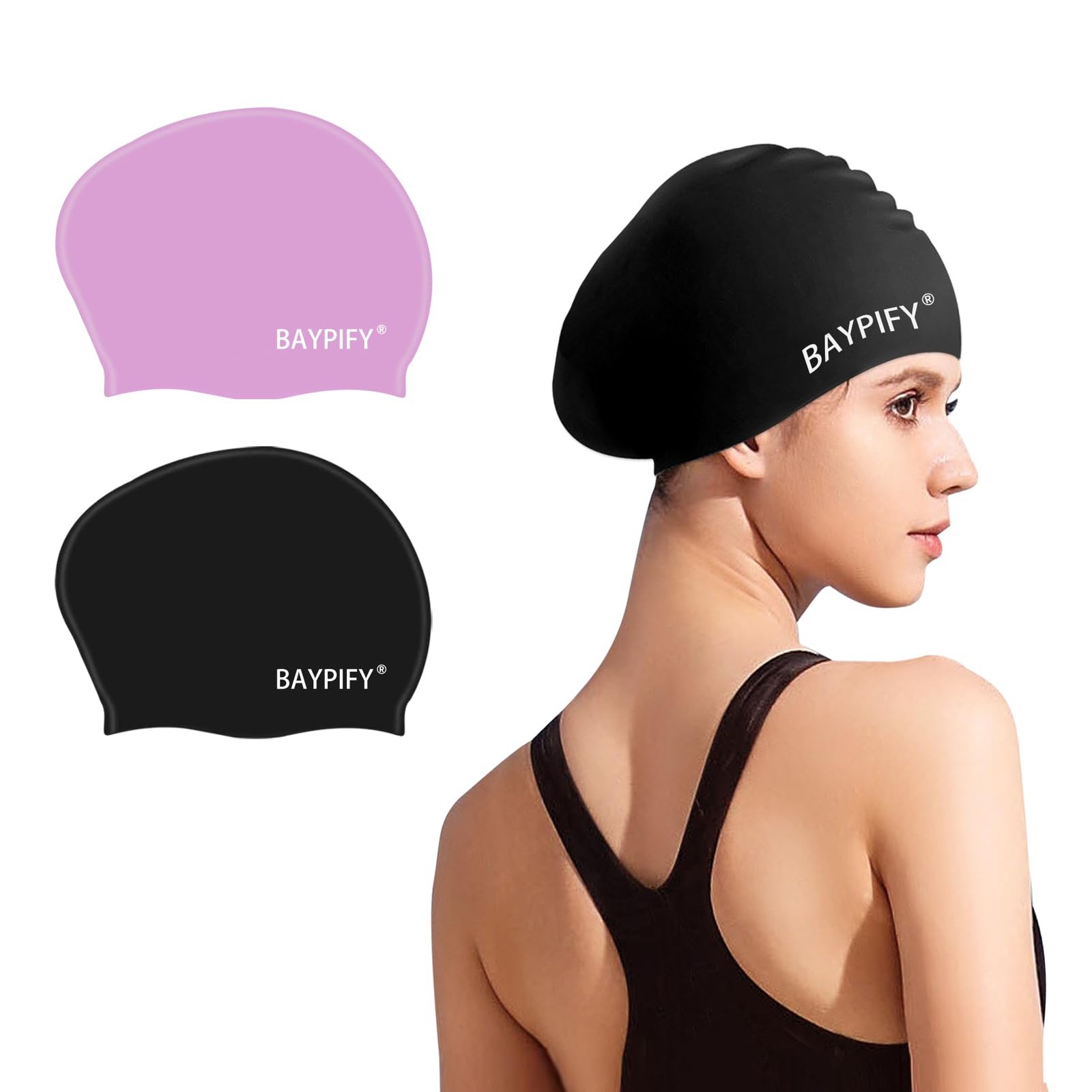 Baypify 2 Pack Swim Cap for Long Hair, Silicone Swimming Large, Purple black