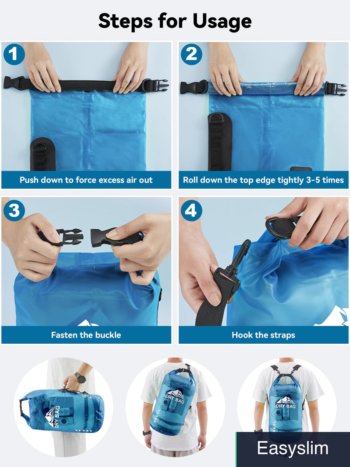 Waterproof Dry Bag 5L Transparent Blue Roll Top Lightweight Travel Camping