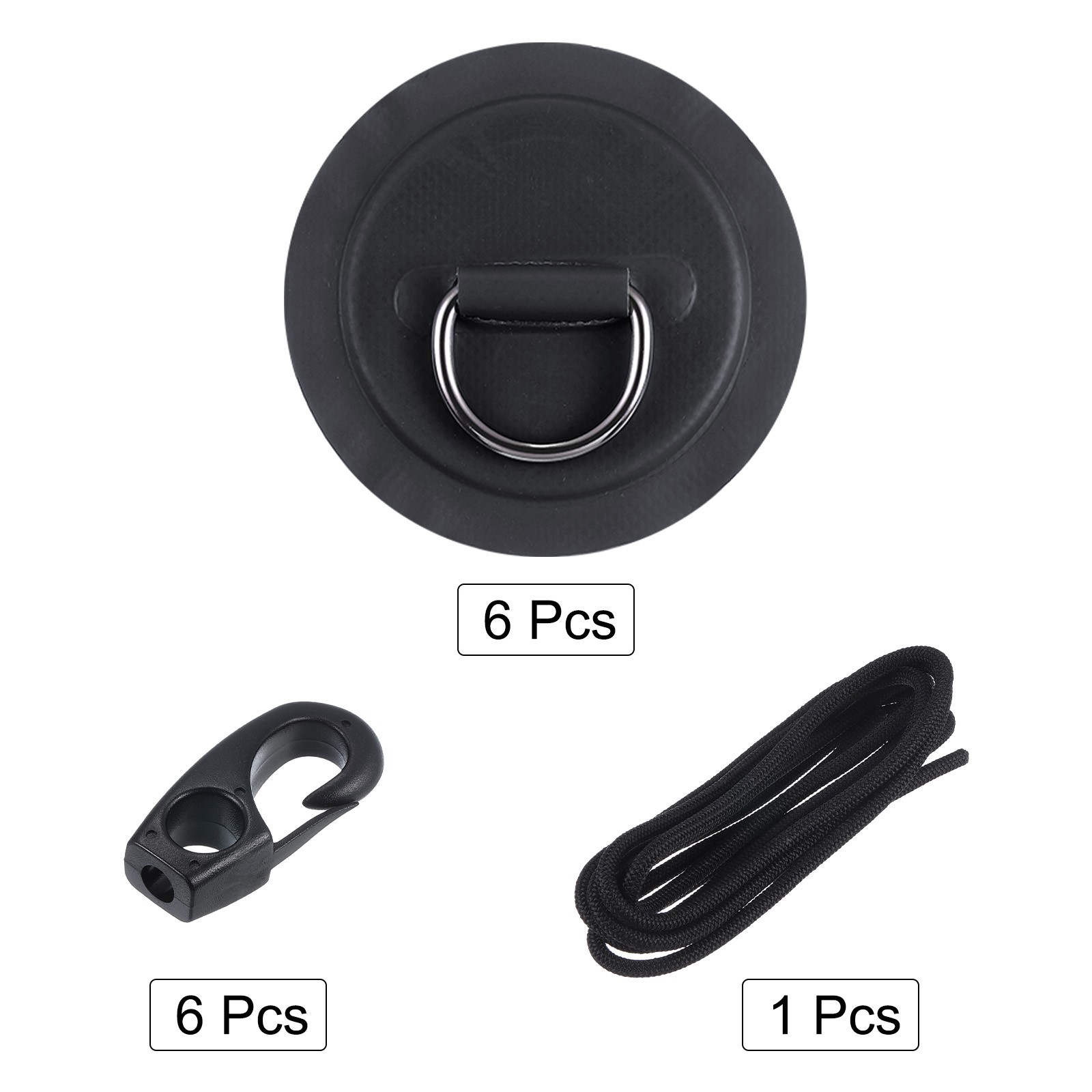 6Pcs Stainless Steel D-Ring Patch Patch with Elastic Cords and Hooks Black