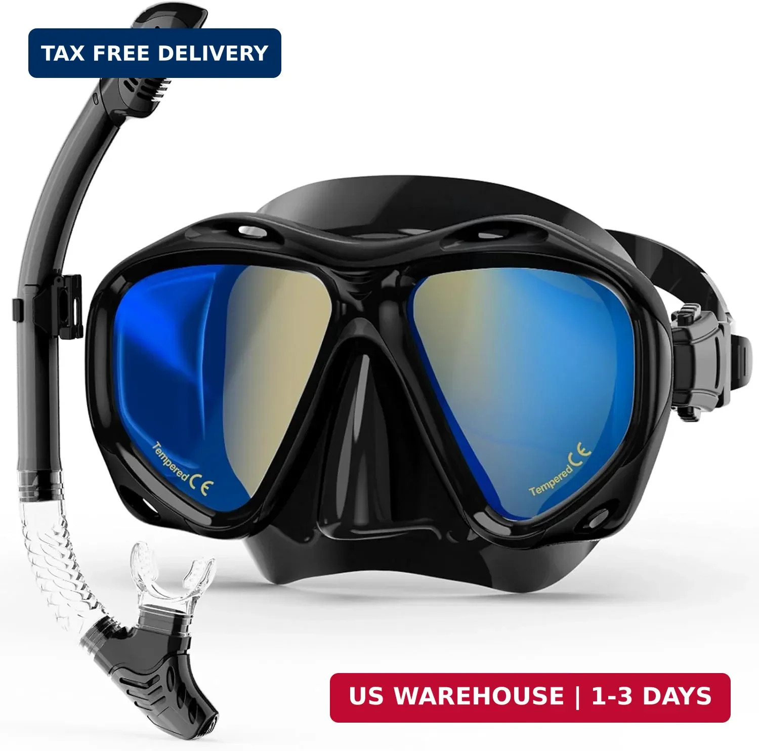 Snorkeling Gear for Adults, Snorkel Mask With Mirrored Tempered Glass Lens 180°