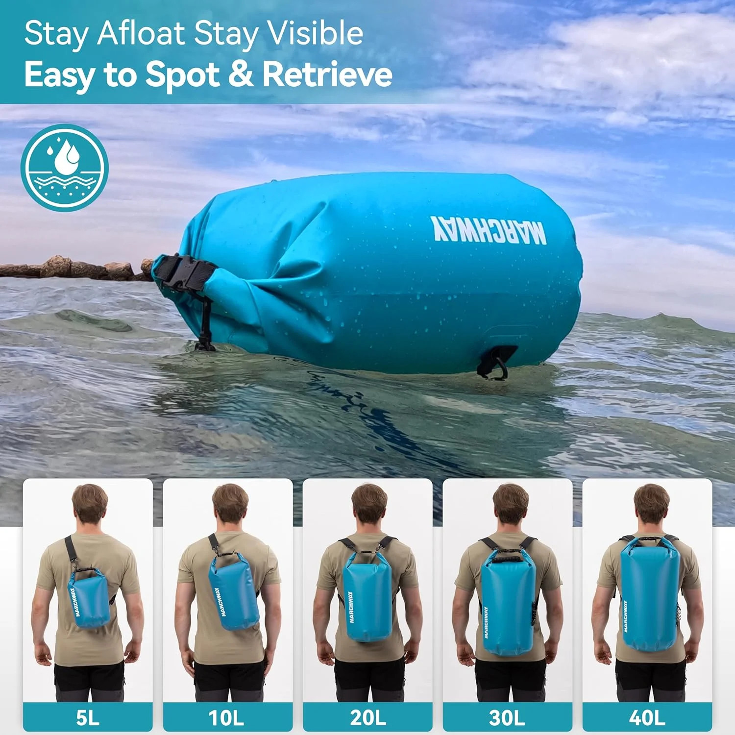 MARCHWAY Floating Waterproof Dry Bag Backpack 5L/10L/20L/30L/40L, Roll Top Sack