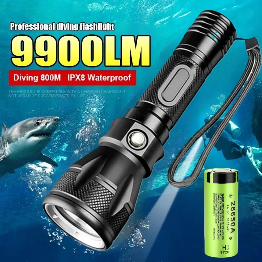 Professional Diving Flashlight 100M Depth Scuba Dive Handlamp Powerful Torch