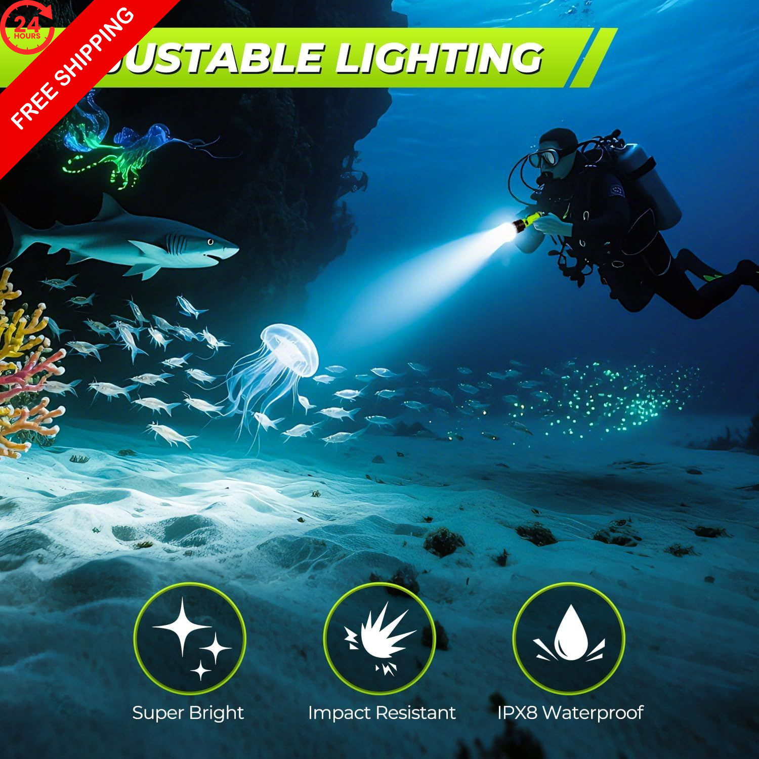 FISHOAKY Diving Flashlight Underwater LED Light, 1500 Pocket Size, Black