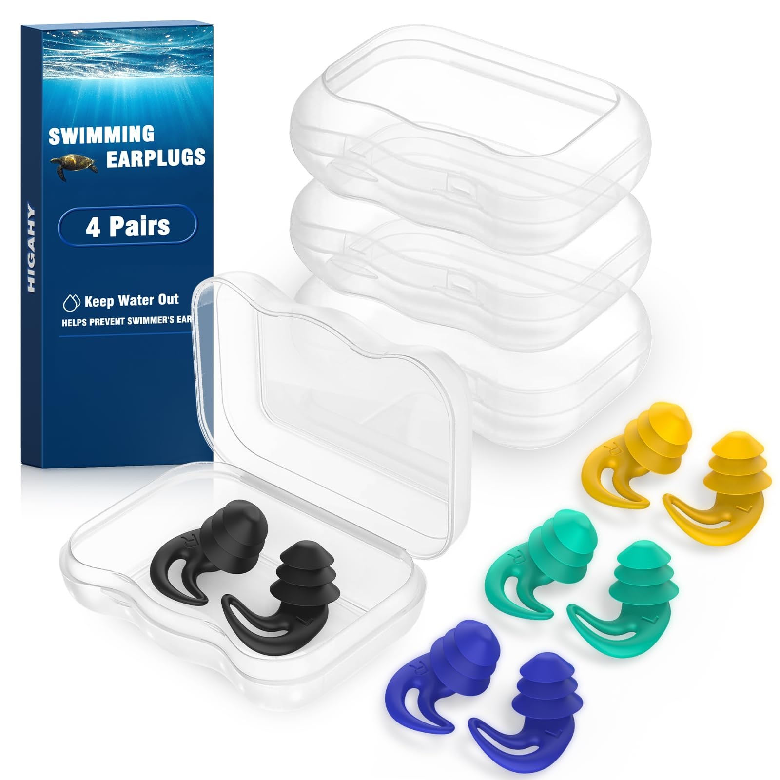 Waterproof Ear Plugs for 1 pair (Pack of 4), Black, Blue, Yellow, Green