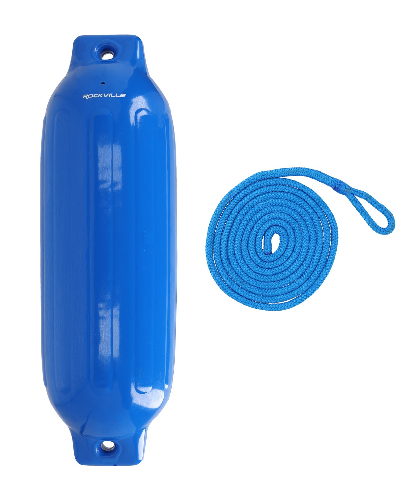 (2) Rockville FEN185-BLUE 8.5″ x 27″ Boat Fenders + 10 Foot Line Marine Bumpers
