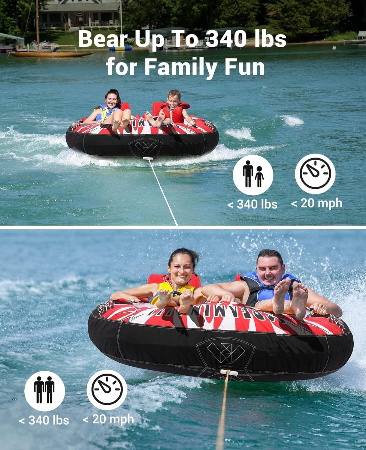 Towable Inflatable Tube Raft 2 Person Lake Water Raft Tow Behind Sports Float