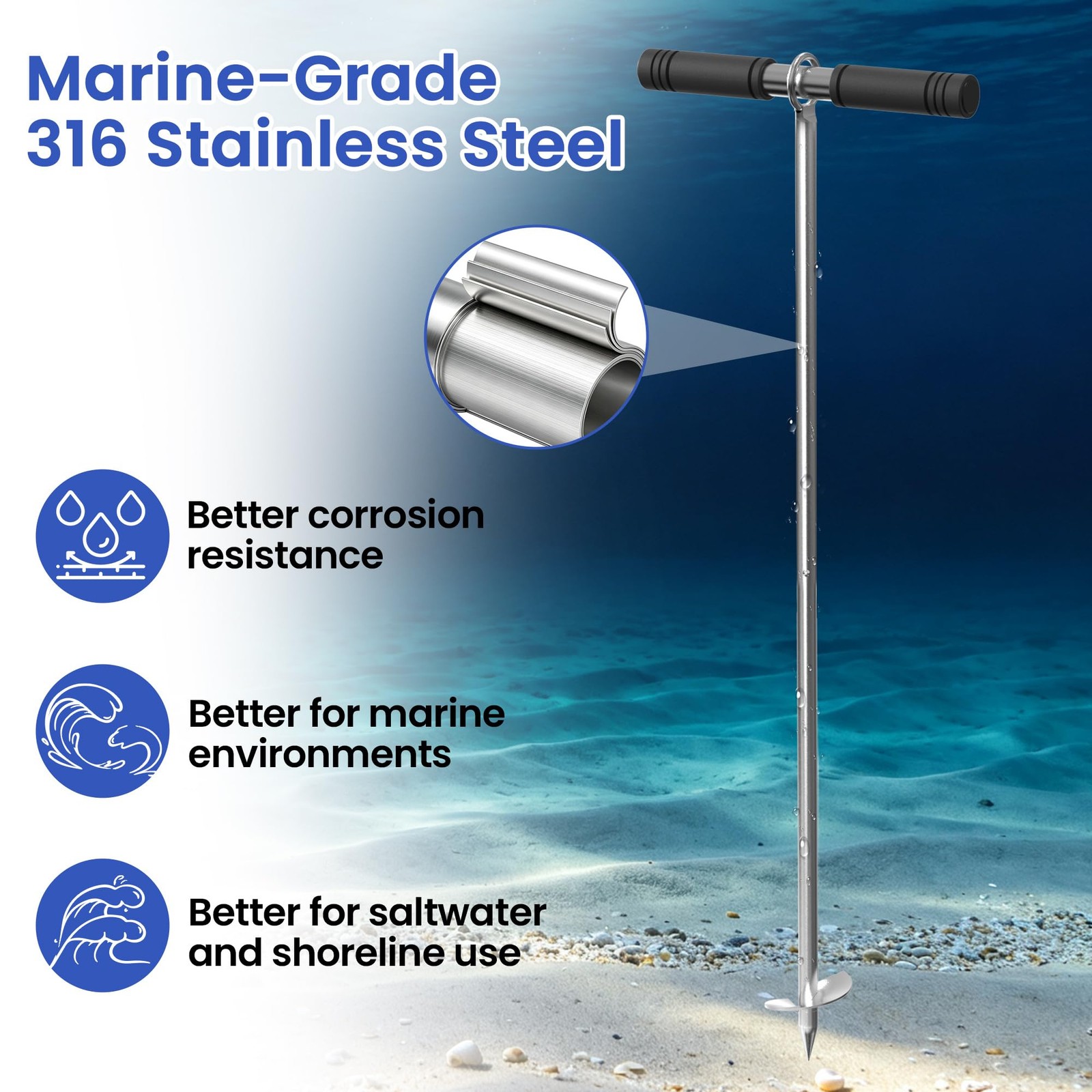 31″ Boat Sand Anchor, 316 Stainless Steel Screw-in Shallow Water Anchor