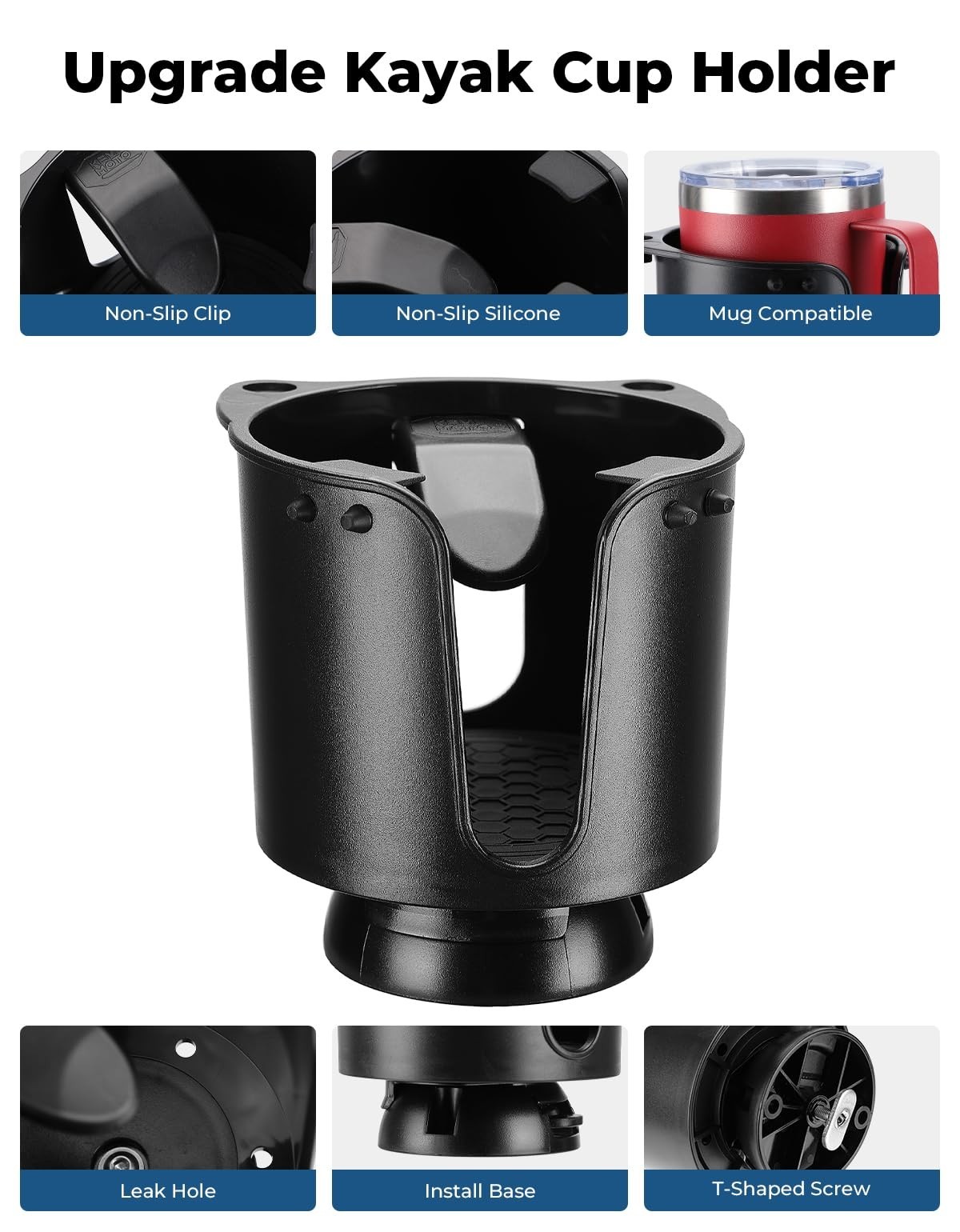 Universal Kayak Cup Holder with Track Mount, Anti-Slip Clips for 12-32 oz Bottle