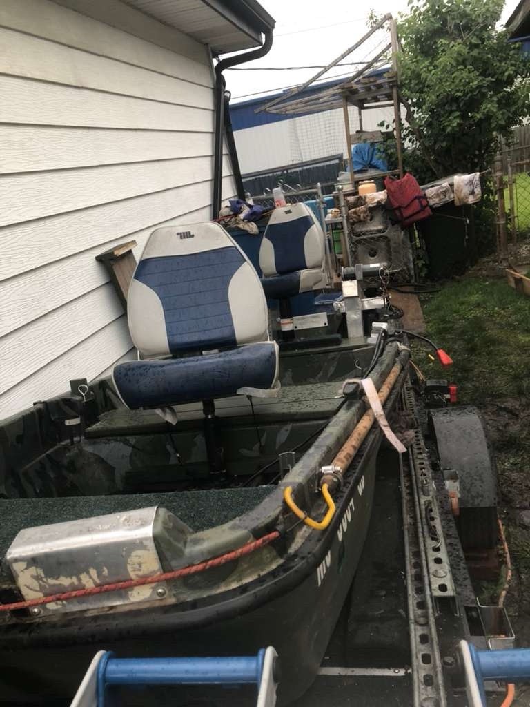 Excellent 12 Ft Army Green Jon Boat, Motors and Trailer