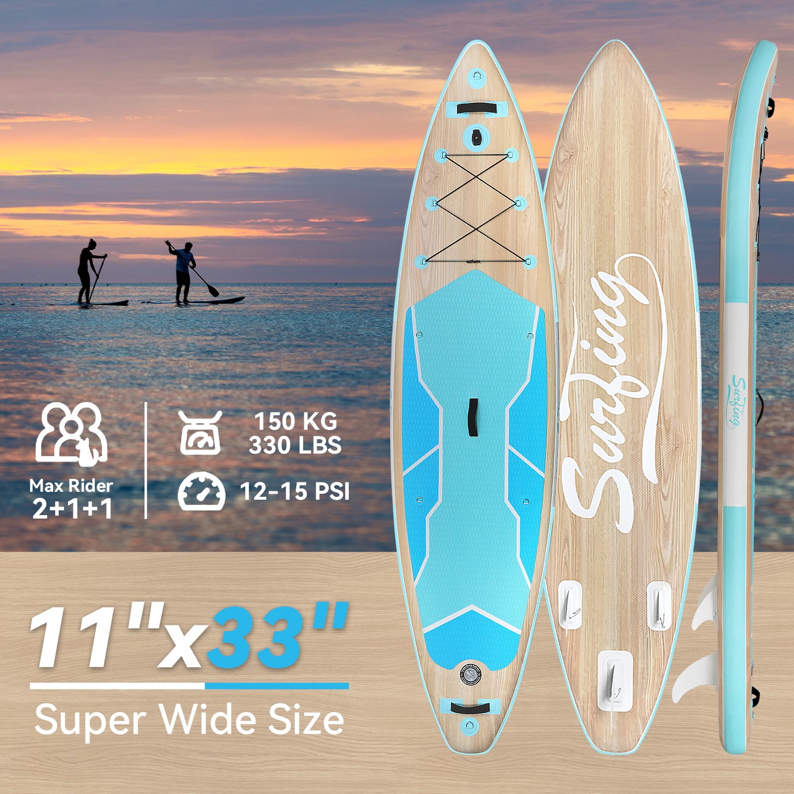 11FT 33″ Inflatable Surfboard Paddle Board Wide 330LBS Capacity 3-Fin System