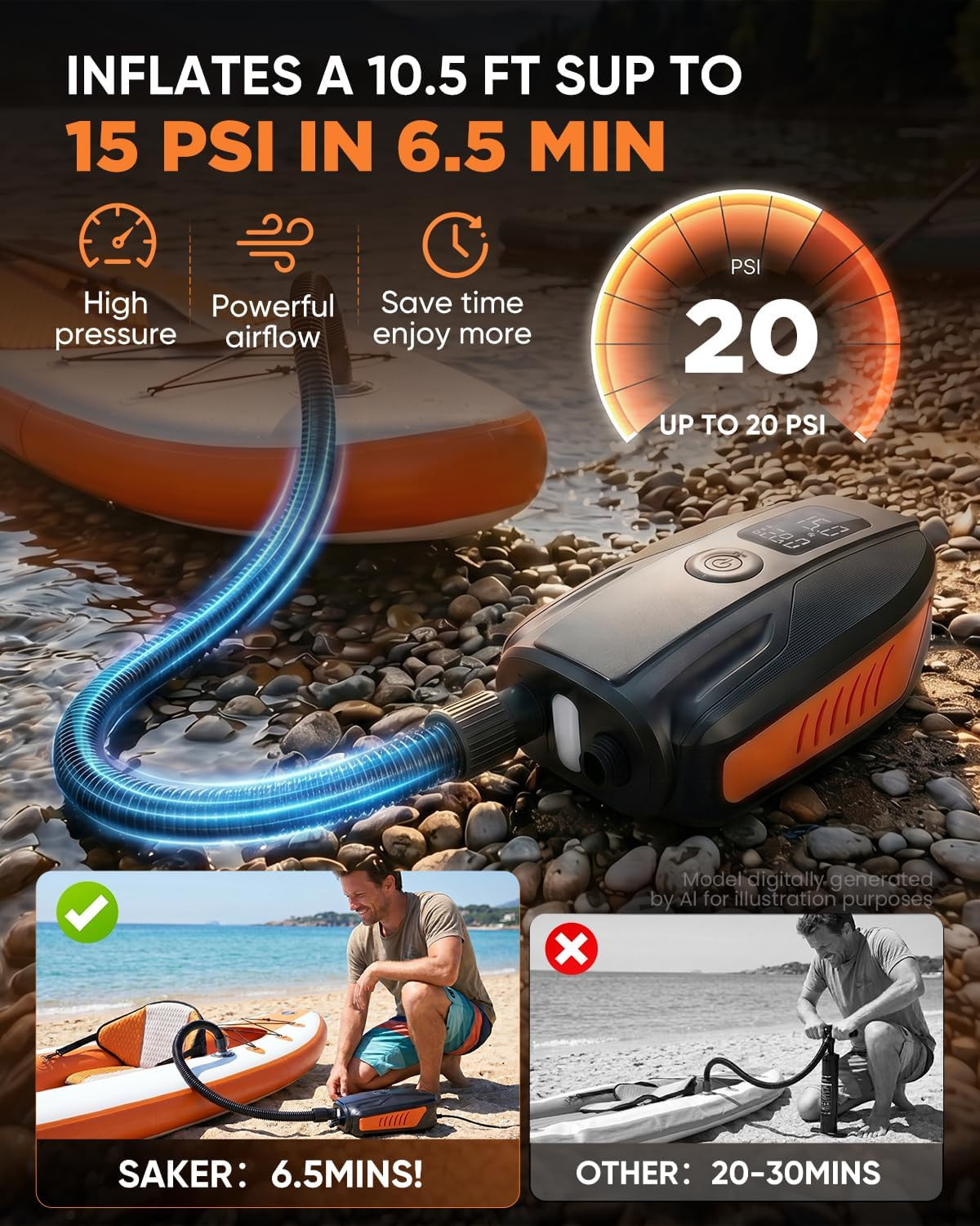 Paddle Board Electric Pump,18000Mah Rechargeable 20PSI Sup Pump, Intelligent Dua