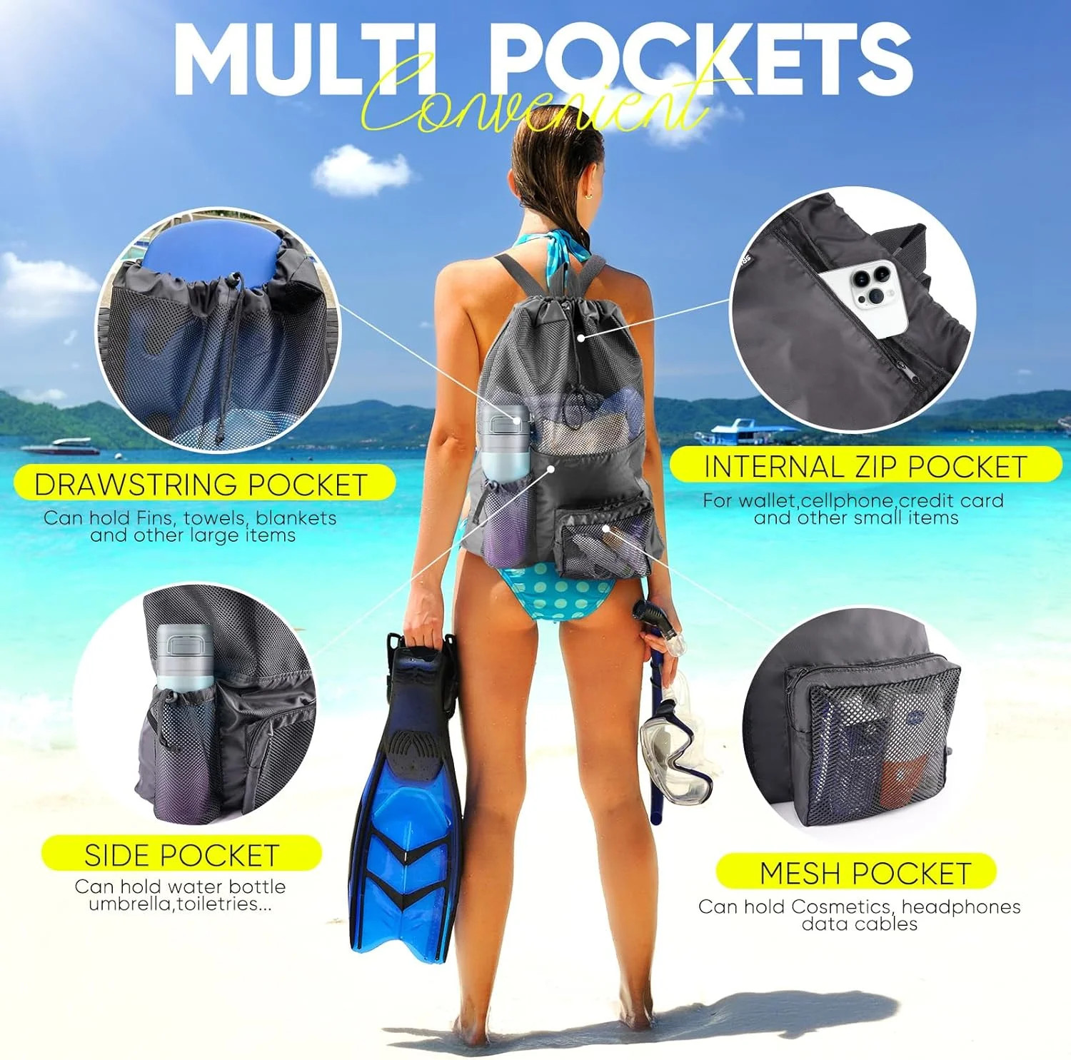 Swim Mesh Beach Bag, Waterproof Gym Bags for Women and Men, Large Pool Bag
