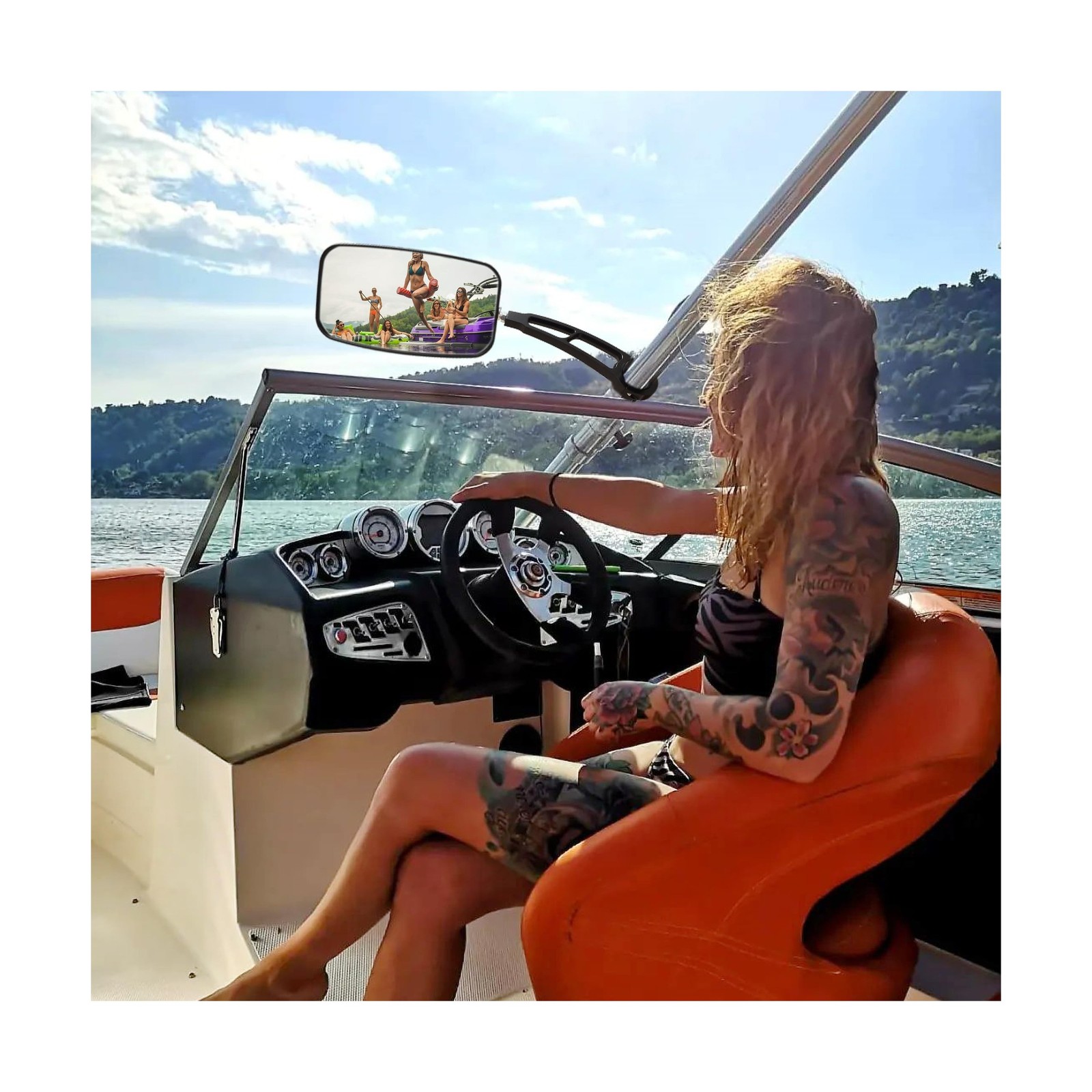 Wakeboard Tower Mirror Black, 7×13″ Convex Boat Rear View Mirror, All-Black S…