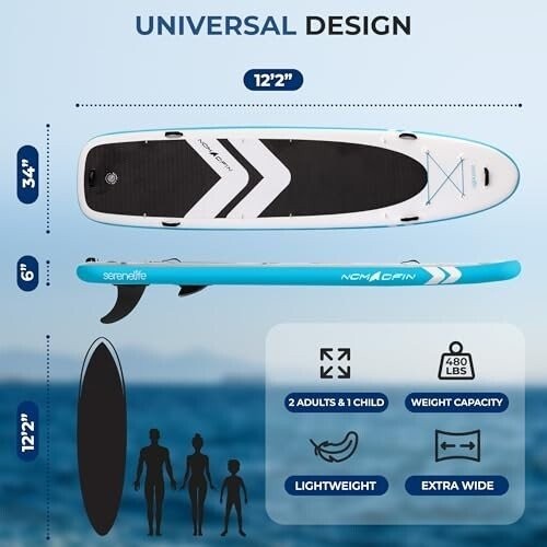 SereneLife 12’2” Inflatable SUP Paddle Board for 2 Adults + Child, 450lbs Cap