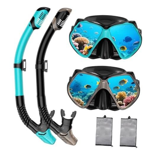Snorkeling Gear for Adults, Dry Snorkel, Mask Set Adult, Diving Gray+Green