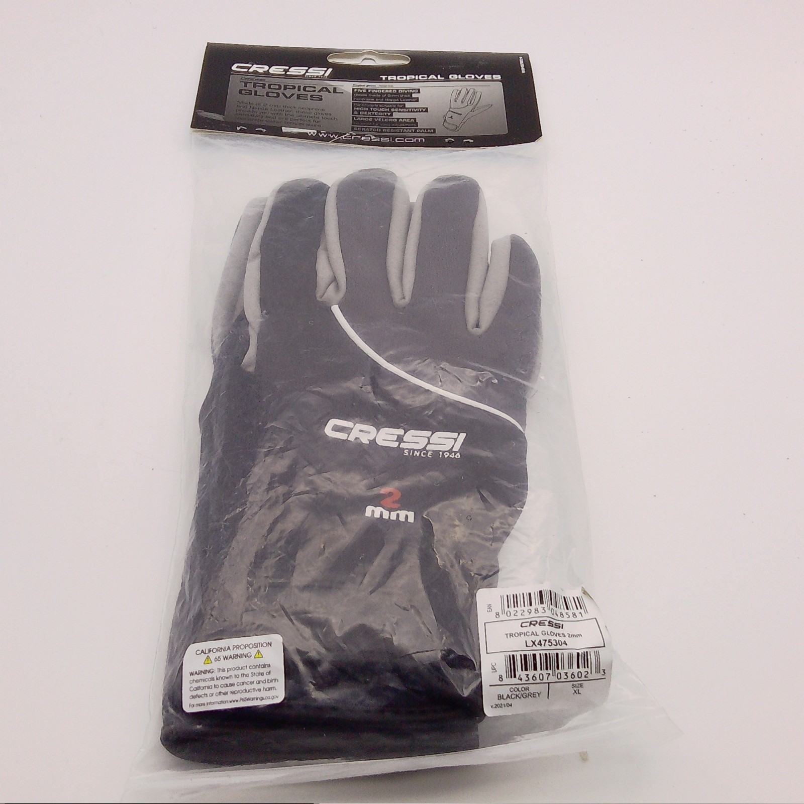 Cressi 2mm Tropical Scuba Dive Gloves, Size XL, Black & Grey