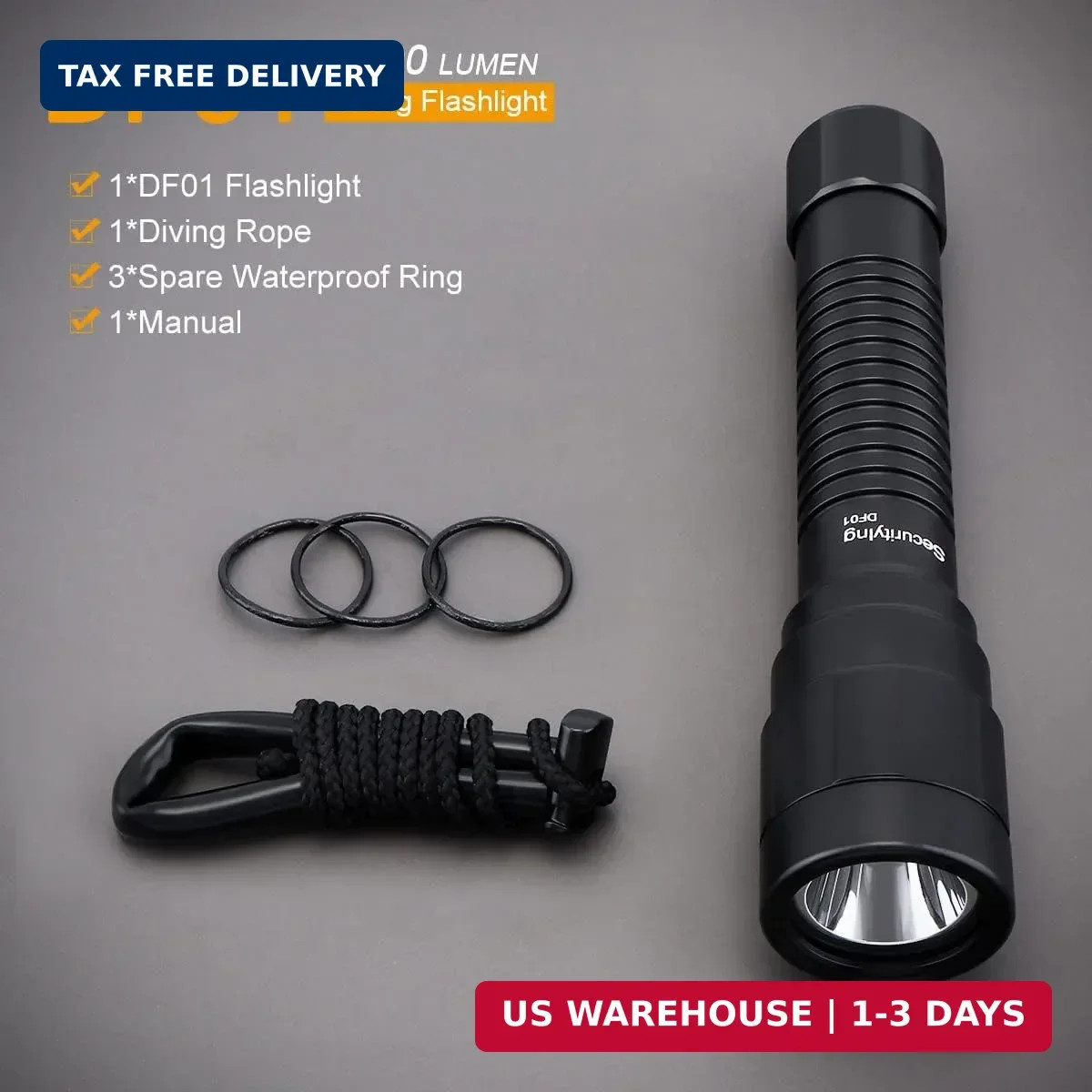 SecurityIng DF01 Scuba Diving Light, 1500 Lumens Mechanical Twist On/Off Underwa