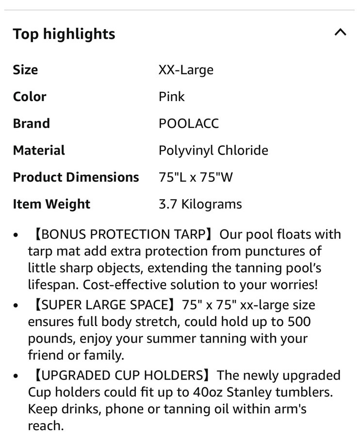 Luxury Tanning Pool (PINK) Inflatable Float w/ Pillow 75×75 in Age 3+ 500Lb