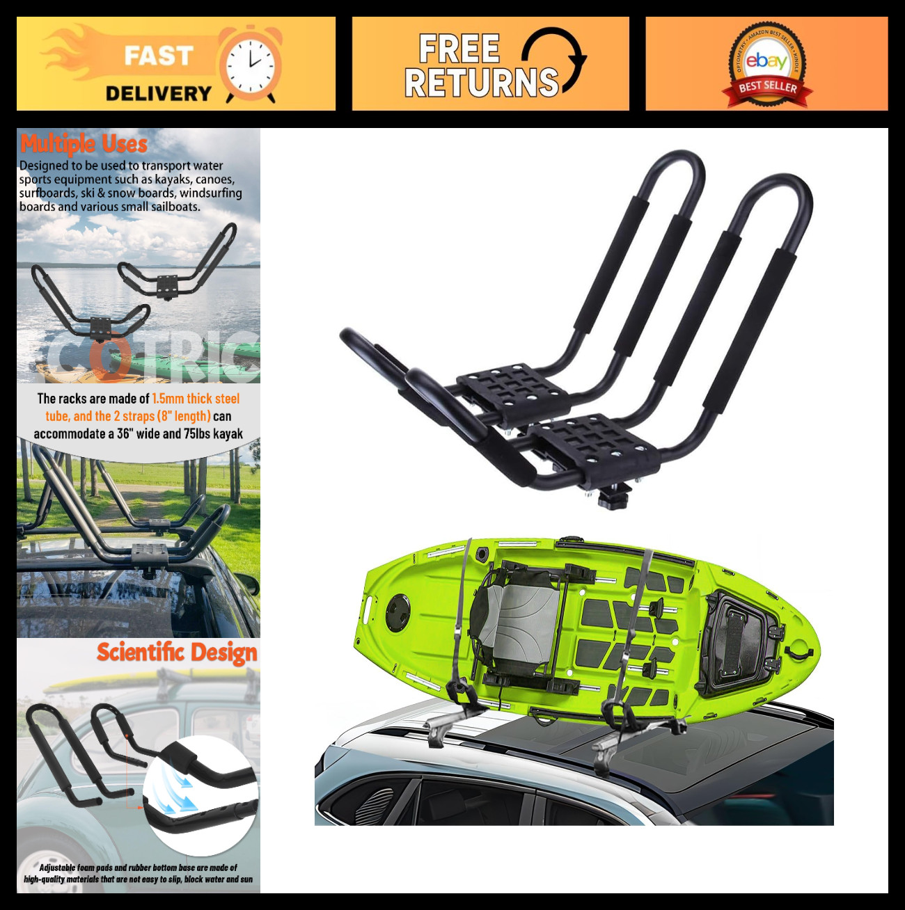 Universal Kayak Roof Rack J-Bar Carrier for Canoe, Surfboard, Ski – Set of 2