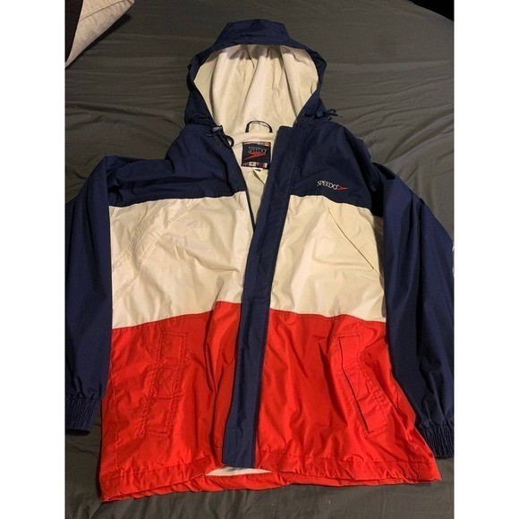 Speedo Men’s USA Flag Windbreaker Jacket Hooded Navy White Red Size L