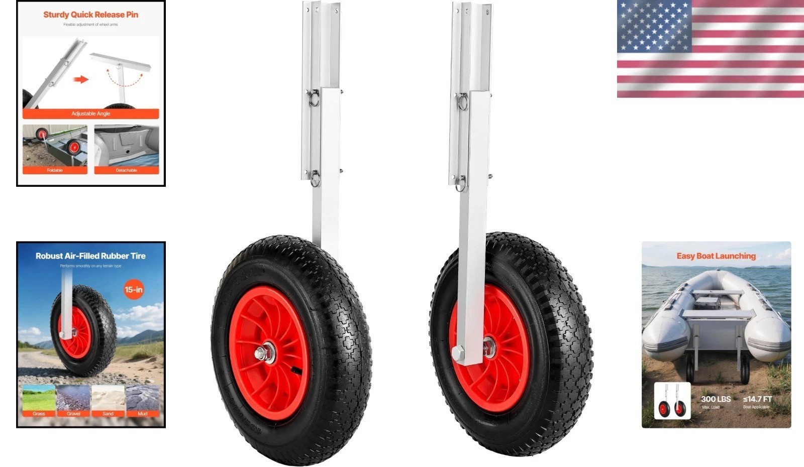 Folding Boat Launching Wheels with Quick Release Pins – Heavy Duty 300 Lbs