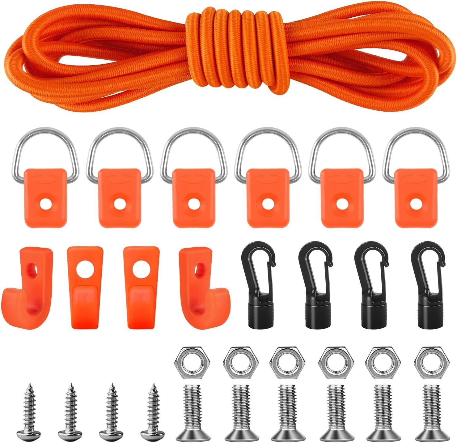 Kayak Deck Rigging Kit 1/4in Bungee Cord 9.8ft 6 D Rings 4 J Hooks Orange