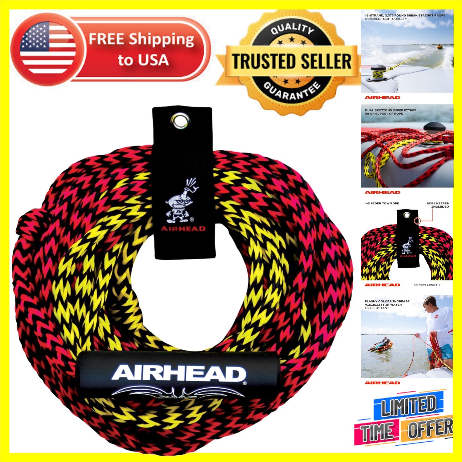 Multi-Section Tow Rope for Tubing – 60 ft, 4100 lb Break Strength & Rope Keeper