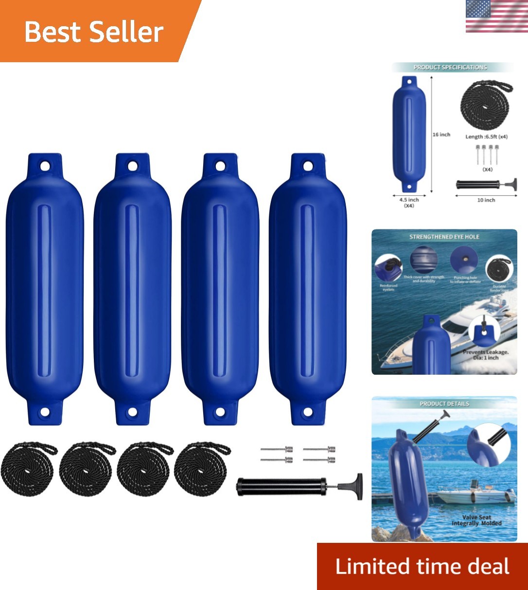 Boat Fenders 4Pack 4.5″/5.5.”/6.5″/8.5″ Inflatable Ribbed Marine Boat Fender …