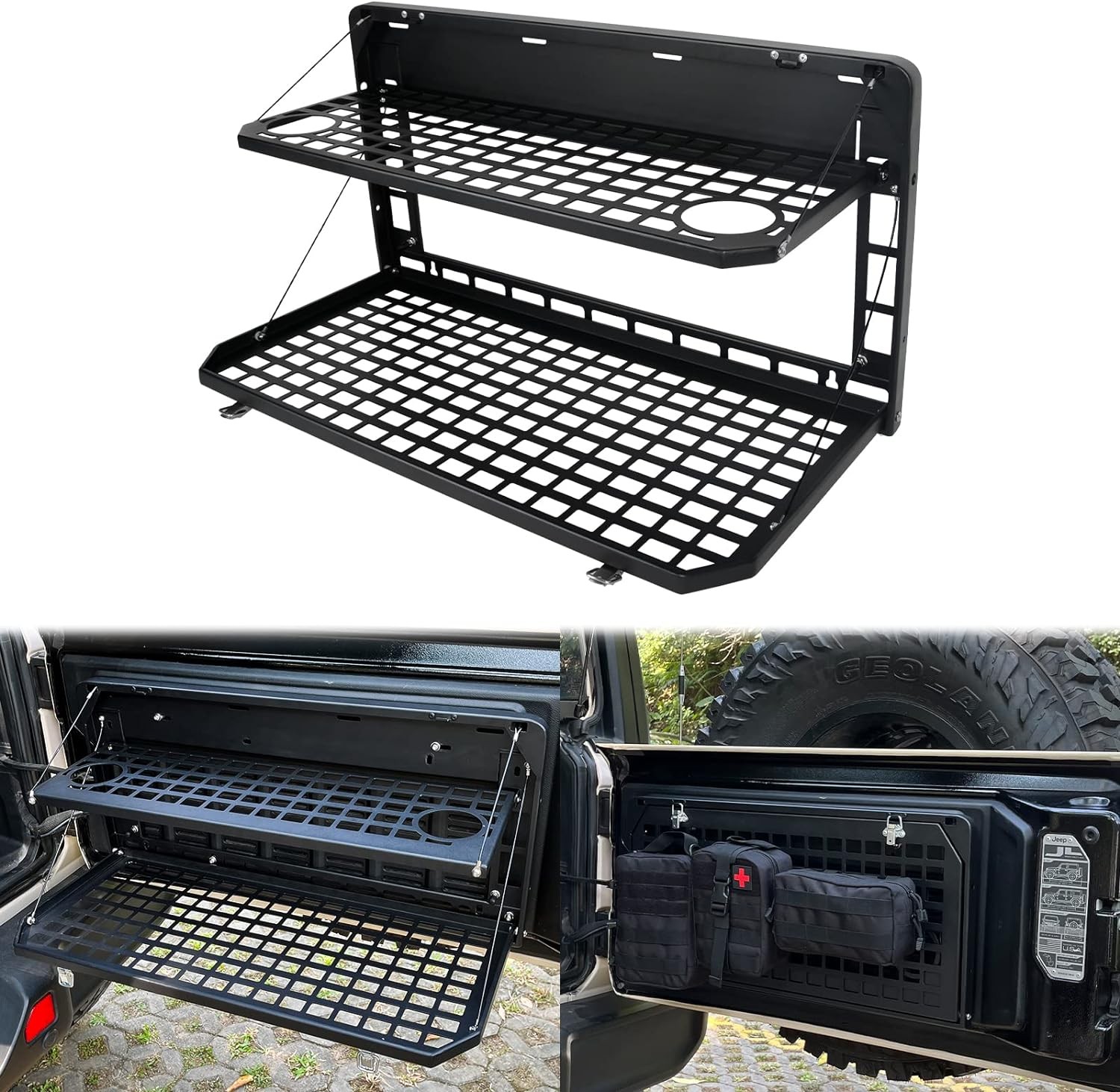 Tailgate Table for Jeep Wrangler JK JL, Folding 2-Tier Cargo Rack Molle Panel