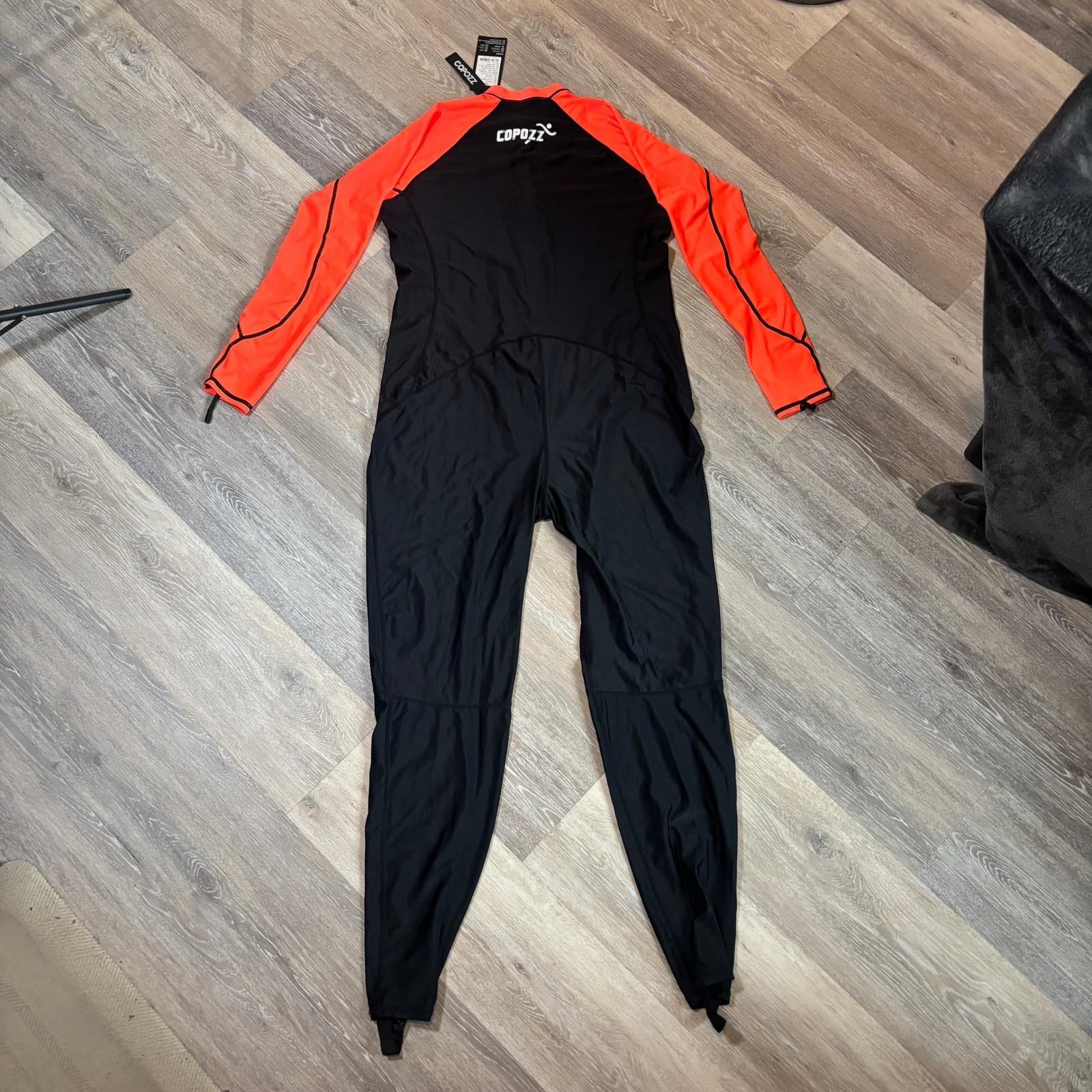 Copozz Full Body Rash Guard Wetsuit 3XL Black Neon Orange Long Sleeve Stirrup