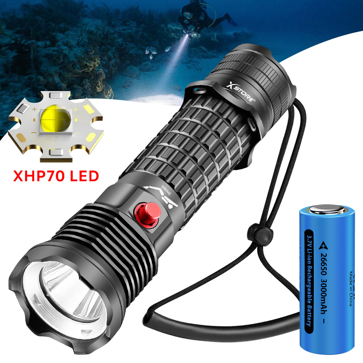 Underwater 90000LM P70 LED Diving Flashlight Waterproof Rechargeable Scuba Torch