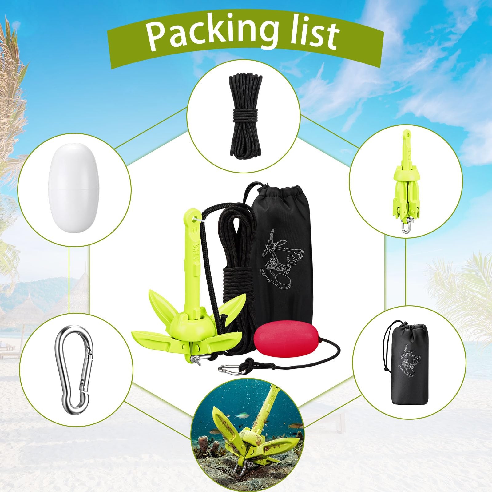 1 Pack 1.5/3.5 lb Marine Kayak Anchor Kit with 40ft Rope and Buoy Folding Gra…