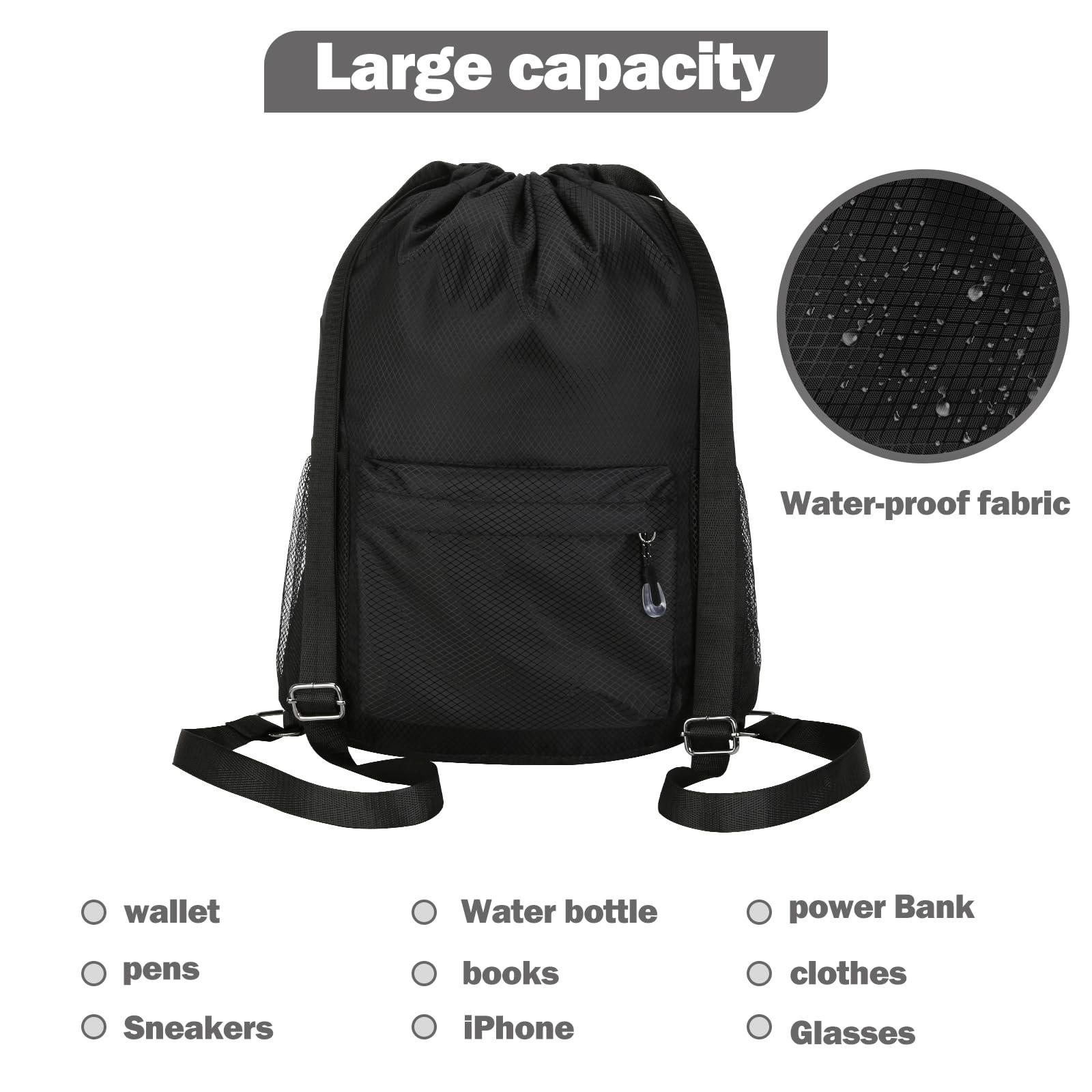 Waterproof Drawstring Bag, Lightweight String Backpack with Large, Black