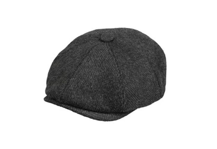 8 Panel Wool Blend Newsboy Cap – Classic Tweed & Small Black Herringbone