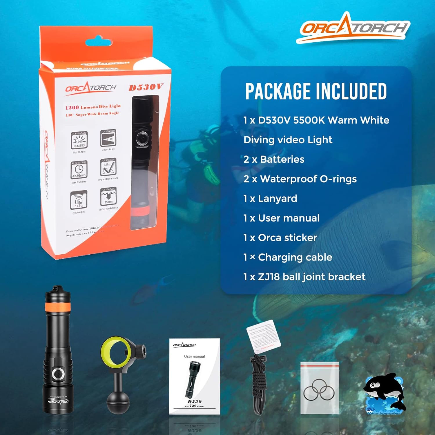 D530V 1000 Lumen Scuba Dive Video Light 120 Degrees Wide Beam Angle, Underwater