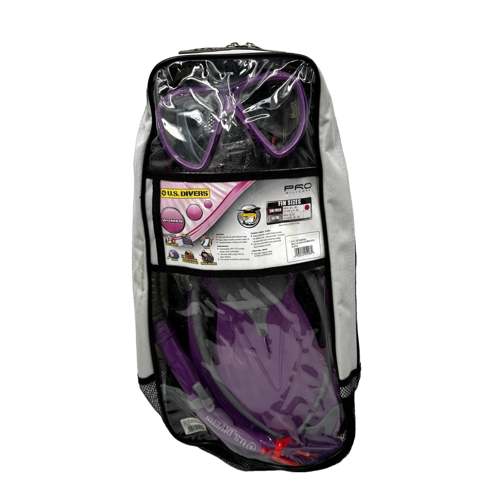 US Divers Pro Silicon Adult Women’s Snorkel Set Purple Snorkel Mask & Fins NEW