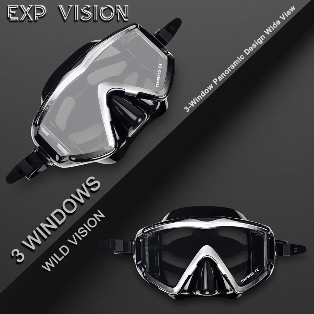 Adult Pano 3 Window Scuba Diving Mask, Tempered Glass Snorkel Mask Anti-Fog Swim